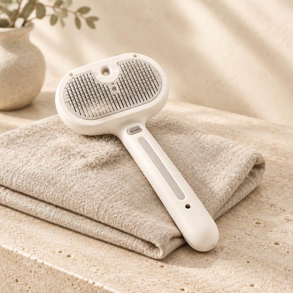 Detail of the Ars Care Deshedding Brush resting on linen