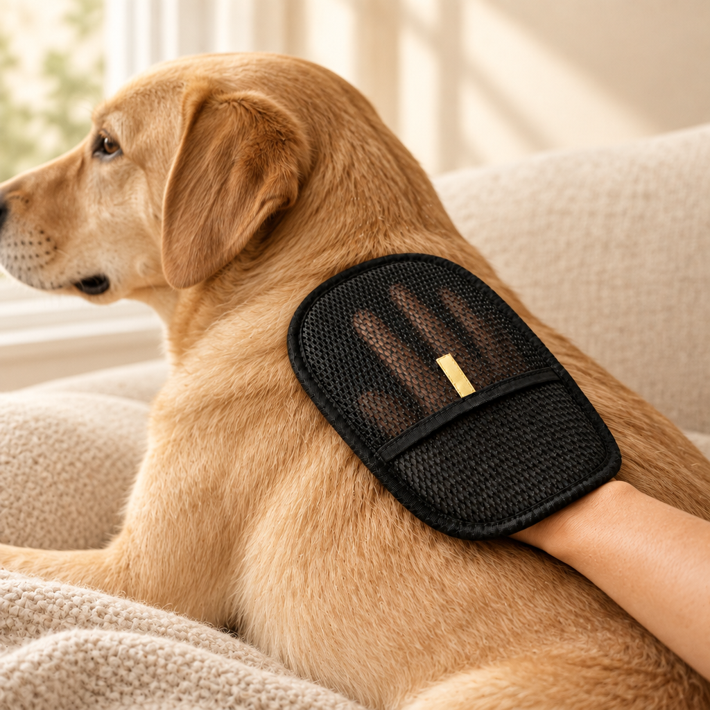 Ars Care Grooming Mitt used gently on a dog's coat