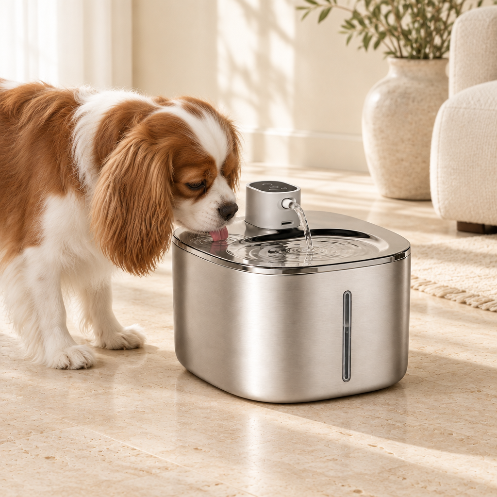 A dog drinking naturally from the Ars Flow Classic Fountain