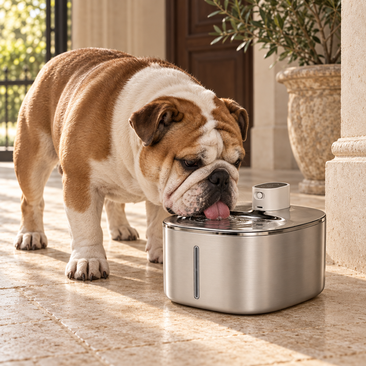 Dog drinking from an Ars Flow stainless steel fountain