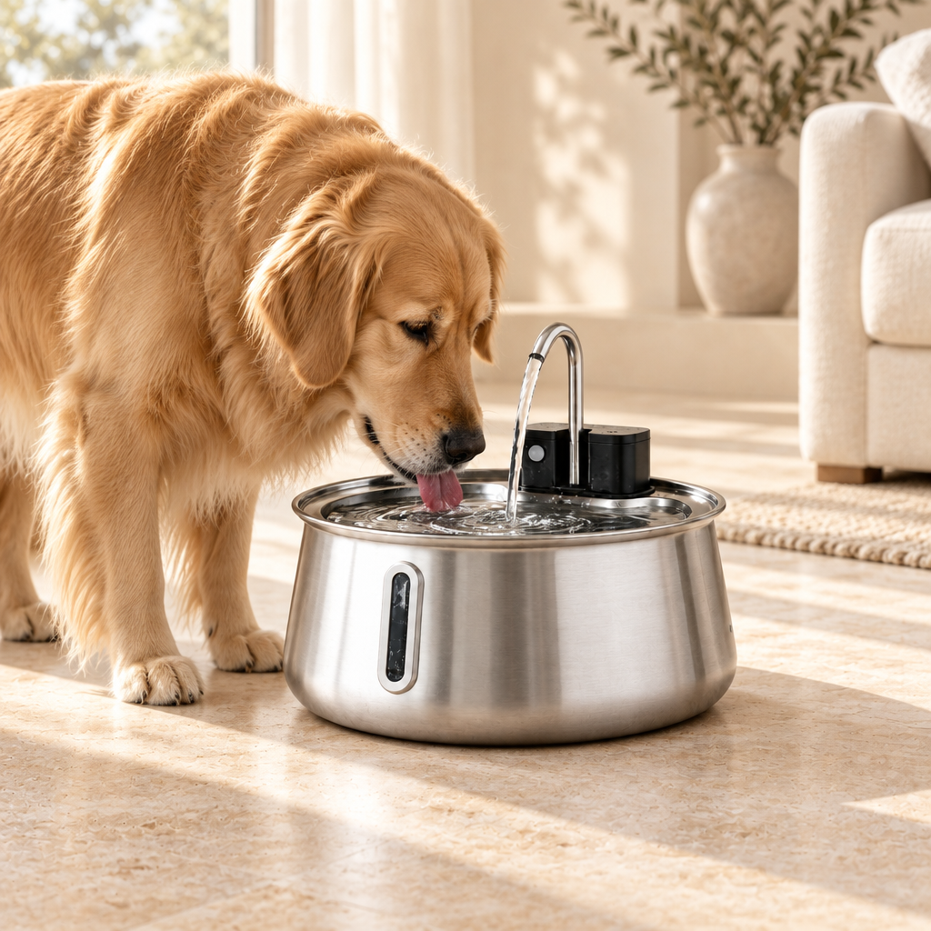 A large dog drinking naturally from the Ars Flow Grand Fountain