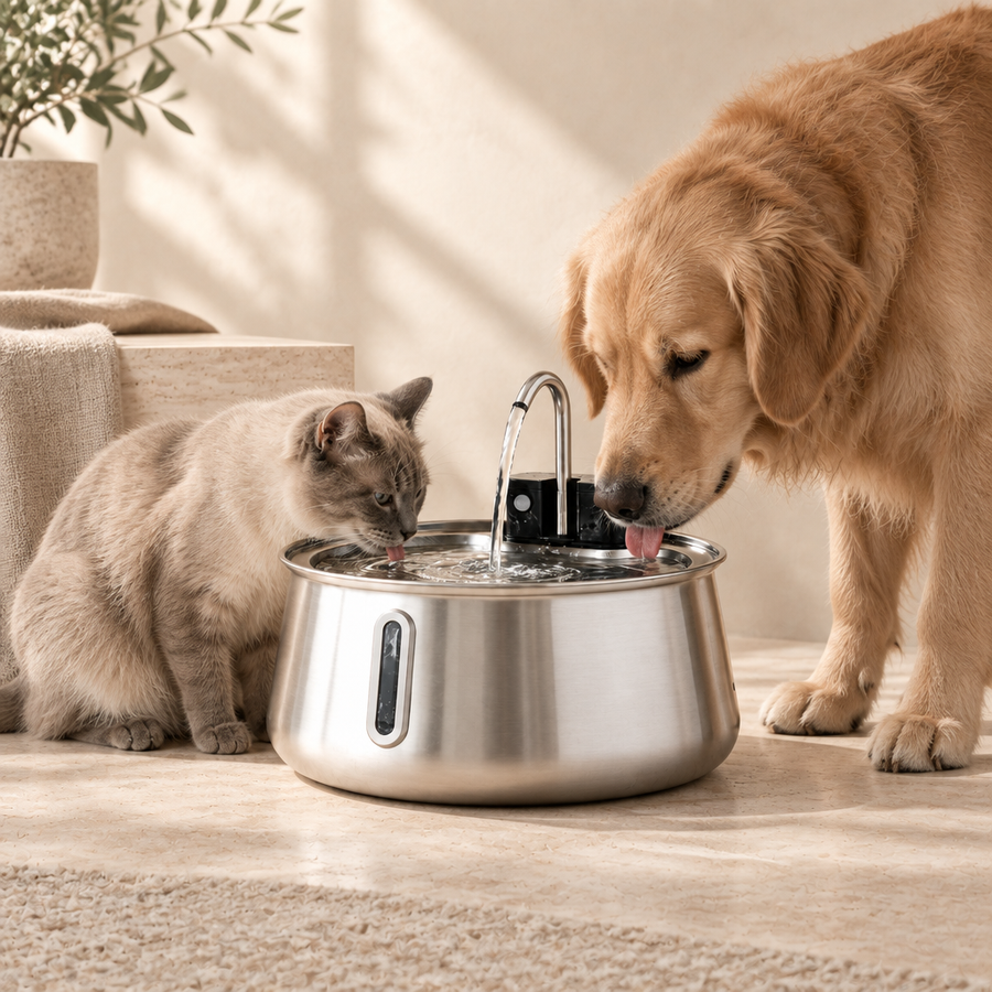 A cat and dog sharing the Ars Flow Grand Fountain