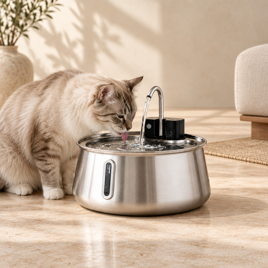 A cat drinking naturally from the Ars Flow Grand Fountain