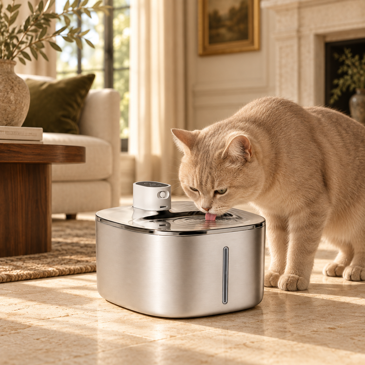 Cat drinking from an Ars Flow stainless steel fountain