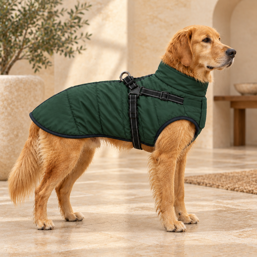 Golden retriever wearing the green Ars Walk All-Weather Coat Harness