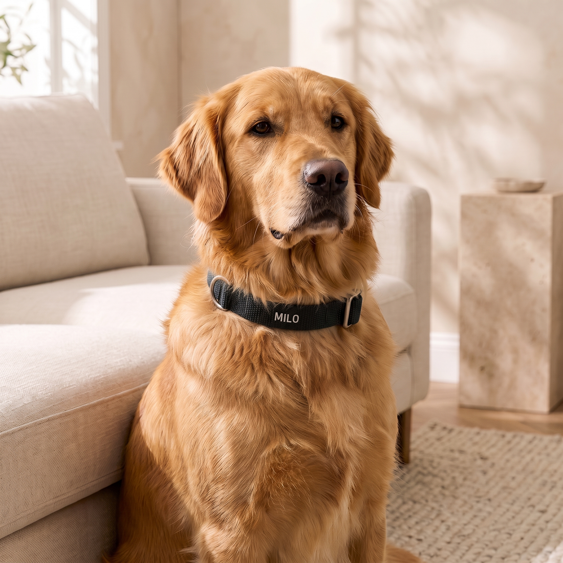 Golden Retriever wearing the black personalised collar