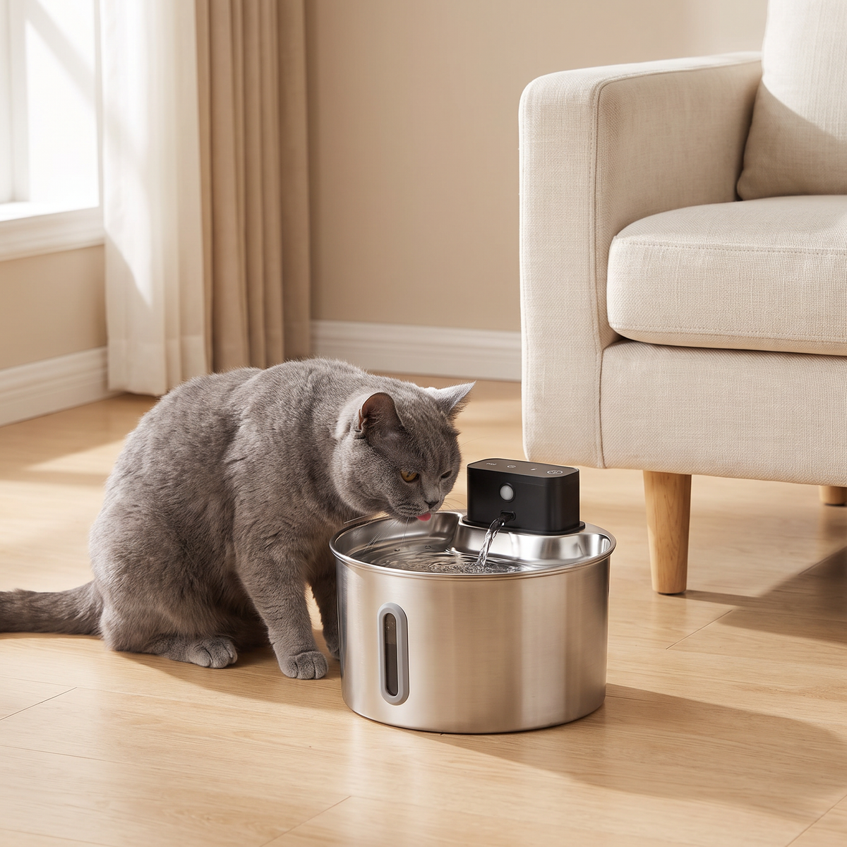 Grey cat drinking from the Petite Fountain in a light living room