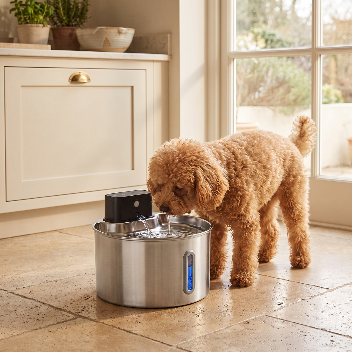Toy poodle drinking from the Petite Fountain on a travertine kitchen floor