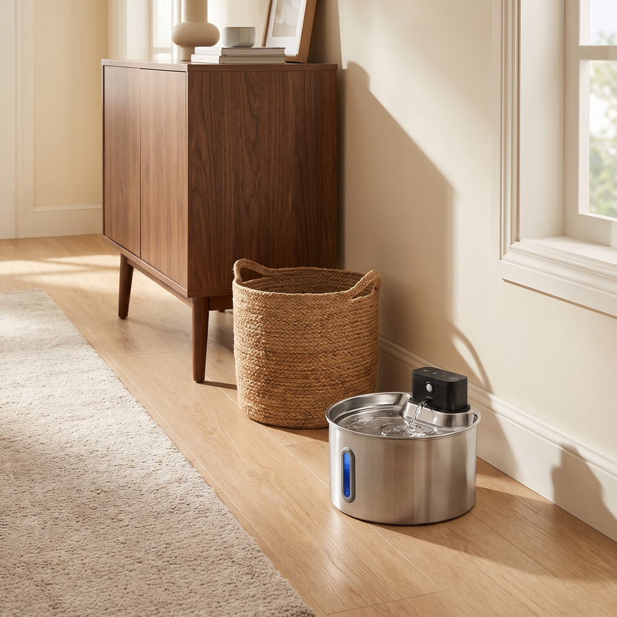 Cordless Petite Fountain placed in a hallway away from power outlets