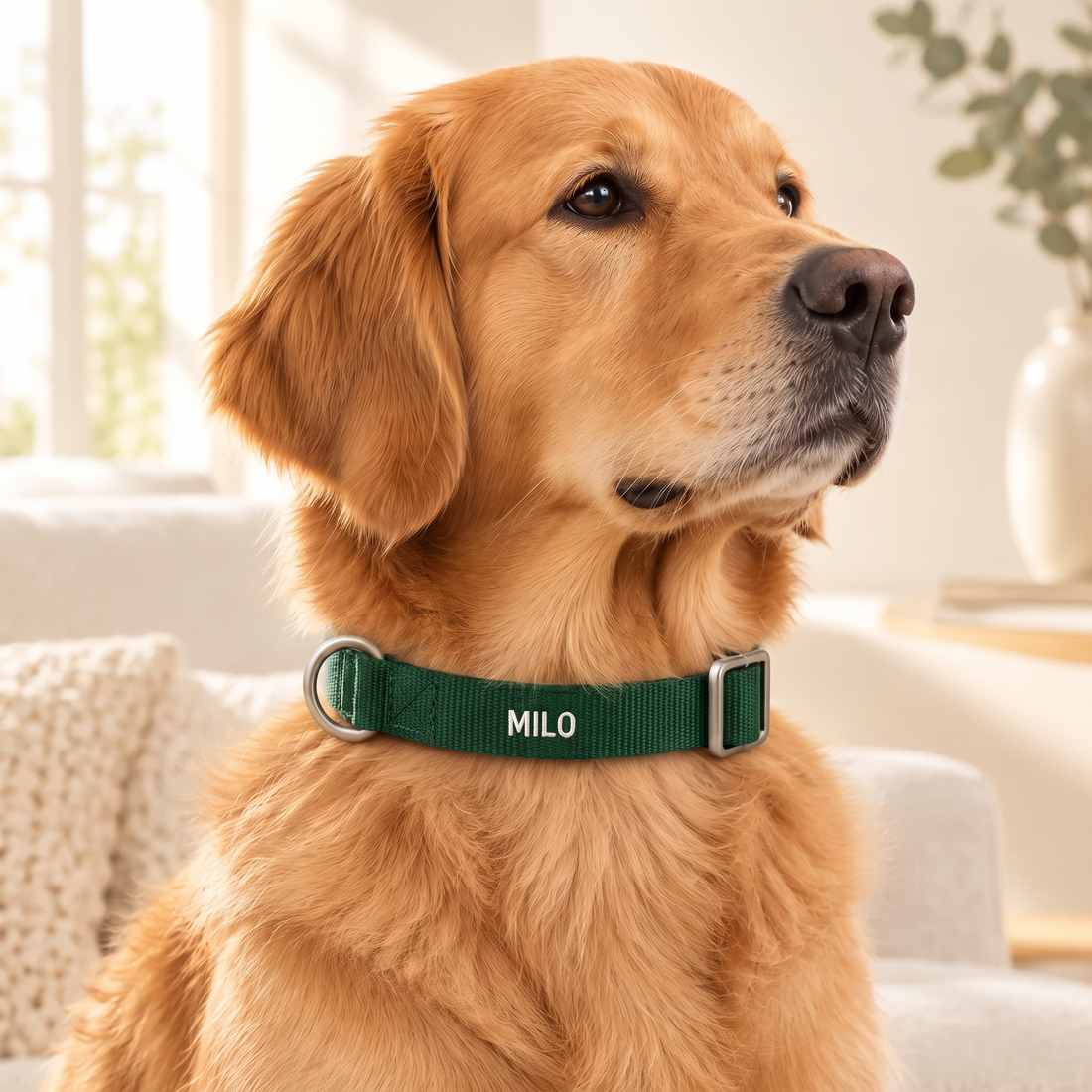 Golden Retriever wearing the green personalised collar