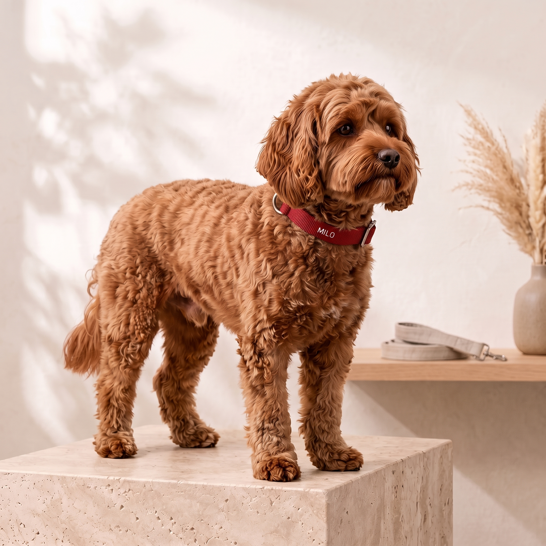 Cavoodle wearing the red personalised collar