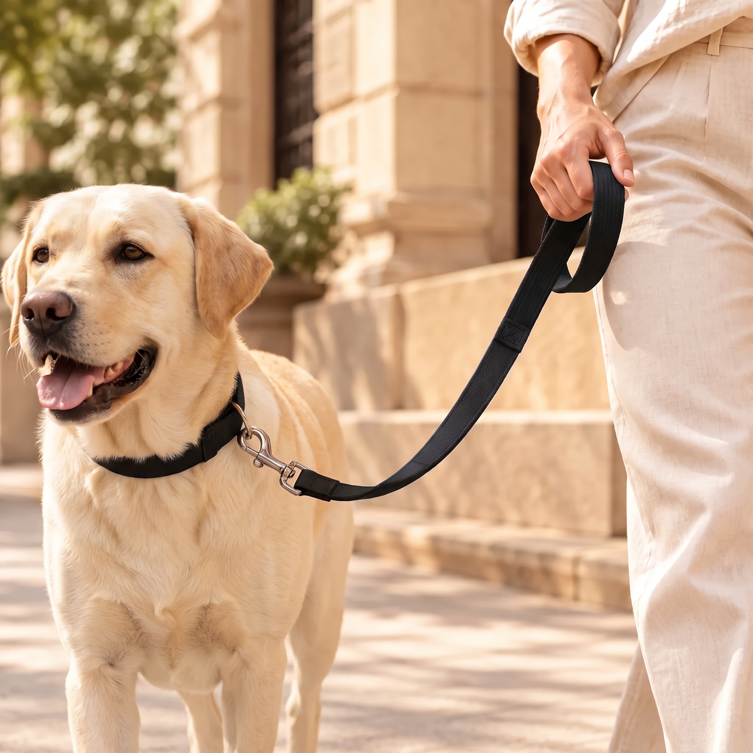 Labrador on a walk with the black Ars Walk Matching Lead