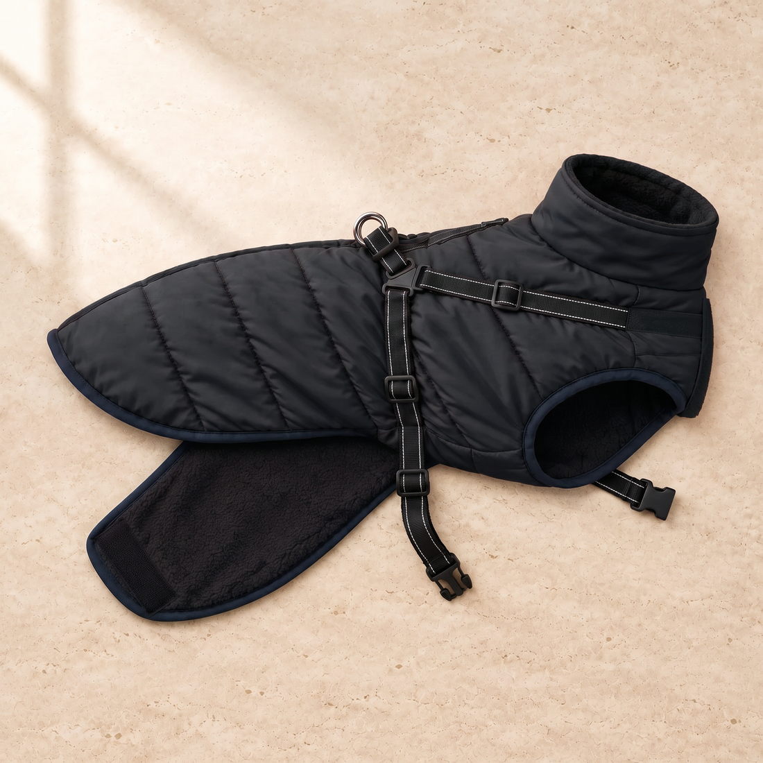 Black Ars Walk All-Weather Coat Harness laid naturally